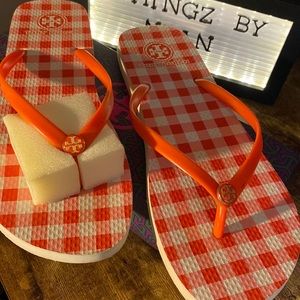 Tory Burch Poppy Red Window Pane Flip Flops